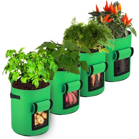 Juego de 4 bolsas de cultivo, 10 galones, tela no tejida, ventana de velcro, asa, para jardinería de hortalizas. (1/5)