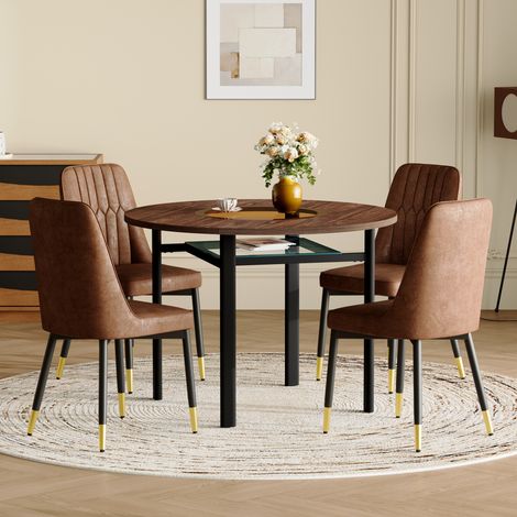 Ensemble de 5 Esstisch und 4 Stühle, Runder Tisch, aus MDF und Stoff, Braun Schwarz (1/5)