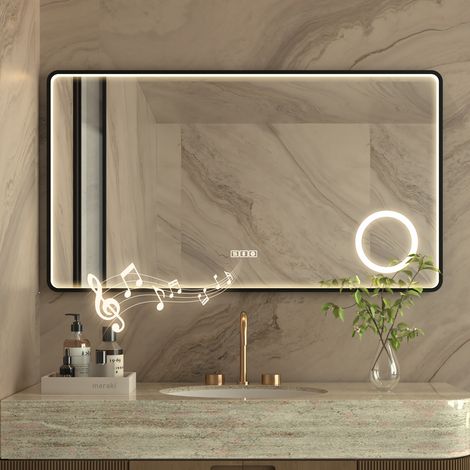Miroir lumineux de salle de bain Bluetooth 110×70cm,Antibuée,grossissante 3x,éclairage LED à intensité réglable,mémoire,Tactile,Cadre noir (1/5)