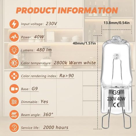 12 Pièces Ampoule Halogène de Four G9 40w 230V, Ampoule G9 Dimmable Blanc Chaud 2800K, Ampoule Four 300 Degré, Pour L'ampoule Du Four, Le Four À Micro-Ondes, l'éclairage d'Armoire et Ainsi de Suite (1/5)
