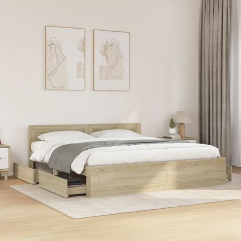 Bed Frame with Headboard without Mattress Sonoma Oak 200x200 cm vidaXL (1/5)