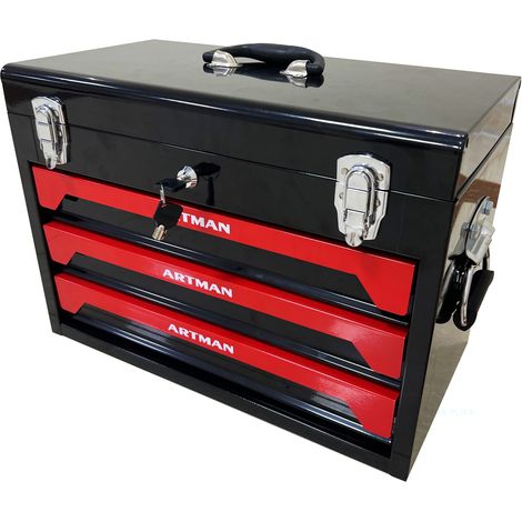 Caja de herramientas de acero 50 cm, 3 cajones, cierres metálicos y asa, negro y rojo (1/5)