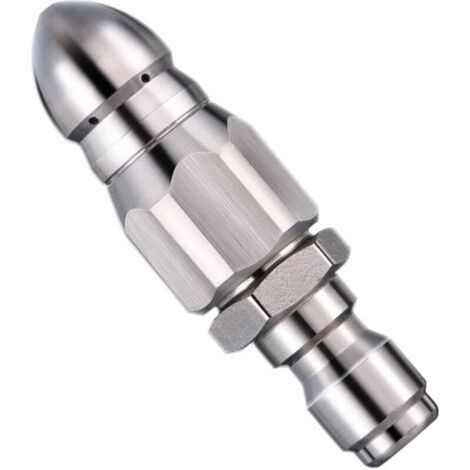 Boquilla de limpieza de alta presión de acero inoxidable para desatascar desagües, para hidrolimpiadoras, boquilla de chorro trasero/cohete (para manguera de 1/4").