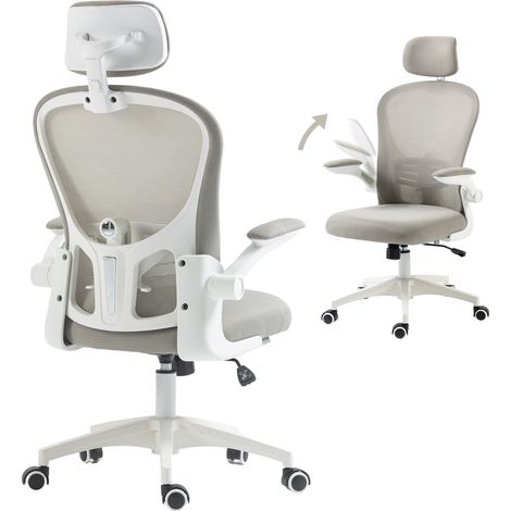 Chaise de bureau en maille, dossier haut, appui-tête réglable, soutien lombaire 4D, 62 x 64 x 120 cm, grise (1/5)