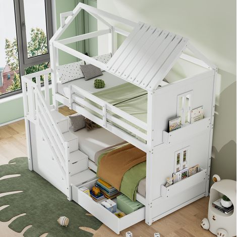 lit enfant superposé rangement 90x200 bois blanc OKMYHOME (1/5)