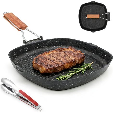 Cast Iron Steak Pan: 28 x 28 cm Corrugated Induction Grill Pan, Non-Stick Steak Pans with Food Clip and Foldable Handle, Suitable for All Heat Sources Including Induction (Black) (1/5)