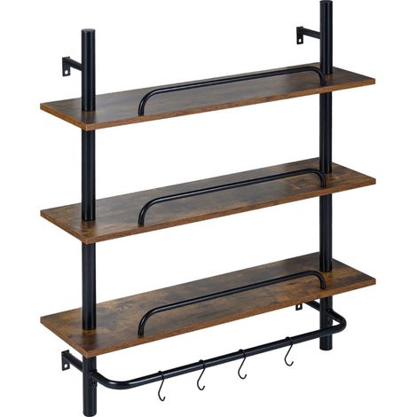 Mensola a muro sospesa con tubi, 3 ripiani e 4 ganci, 80,5x24x97 cm