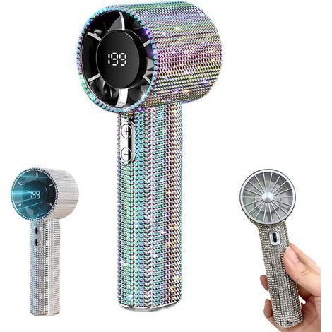 Ventilateur portable - Ventilateur à main avec fonction turbo - Vitesse de ventilation réglable - Mini ventilateur à main orné de cristaux - Rechargeable - Avec affichage numérique-AquaForge