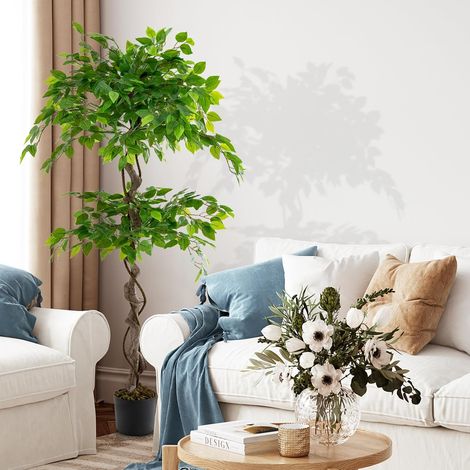 COSTWAY 150 cm Kunstpflanze grün, Künstliche Pflanze Ficus Benjamin, Dekopflanze mit natürlichem Holzstamm & Blättern, Zimmerpflanze Deko, Kunstbaum Innendekoration, für Zuhause Garten Büro