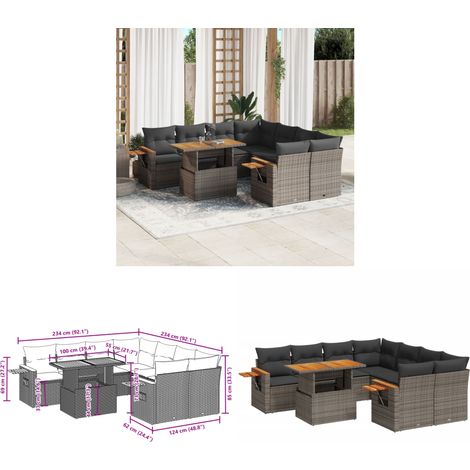 Salon de jardin 9 pcs avec coussins gris résine tressée - Ensemble Salon De Jardin - Meuble Extérieur - Résine Tressée - Rotin Synthétique - Table Extensible - Home & Living (1/3)
