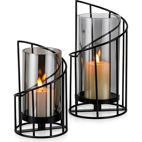 Lot de 2 photophores d'extérieur noirs, photophores en verre, décoration de table pour extérieur, photophores modernes pour bougie pilier (1/5)