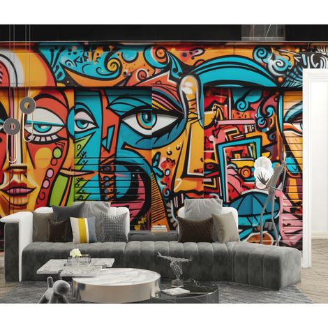 Papier peint graffiti - portraits cubistes multicolores imbriqués - 150 x 250 cm (1/2)