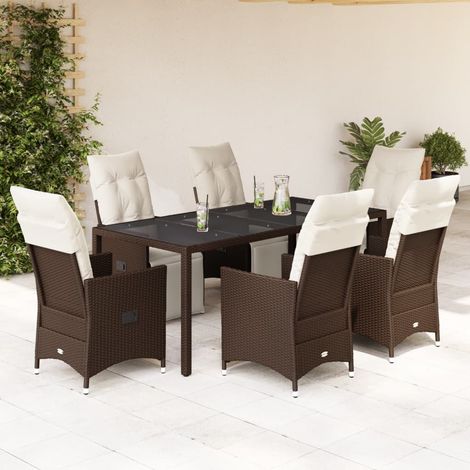 Set de mesa y sillas jardín 7 pzas con cojines ratán PE marrón