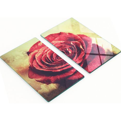 Juego de dos tablas de cocina decorativas de cristal con dise帽o de rosa roja, 2x30x52 cm.
