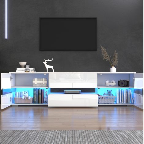 Meuble TV 160x39x45 cm en panneaux de bois blanc, avec rangement, pour salon moderne FloraGrace (1/5)