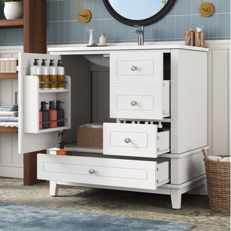 Meuble vasque de salle de bain sur pied 81 cm avec 3 tiroirs, 1 porte, MDF blanc brillant (1/5)