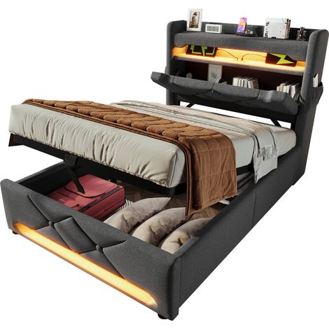 Lit simple rembourré 90200, tête de lit avec rangement et ports USB et Type C, éclairage LED 360° tout autour de la tête et du pied du lit, lit avec rangement hydraulique, gris, lin (sans matelas) (1/5)