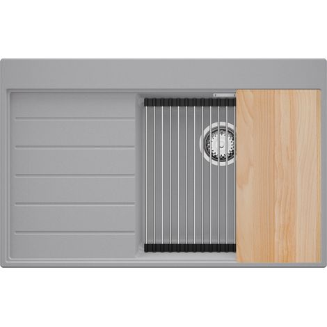 PRIMAGRAN Evier Cuisine en Granit 78x50cm,Lavabo 1 bac + Kit de Vidage + Accessoires, Évier à Encastrer au meuble 50cm - Sydney, Gris (1/5)