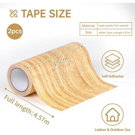 lalago Lot de 2 rouleaux de ruban adhésif aspect bois réaliste - 15 cm x 4,57 m - Pour réparation des rayures - Pour plinthes souples, portes, murs, meubles (chameau doré) (1/4)