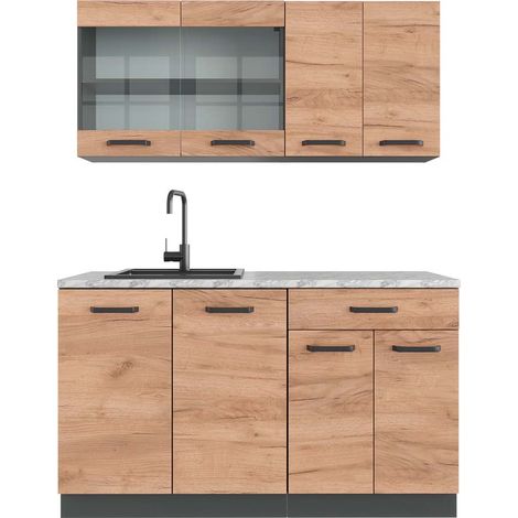 Cucina monoblocco R-Line, Quercia dorata/antracite, 140 cm , PL Marmo, Vicco