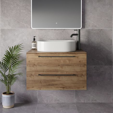 Napoli 460 Tobacco Oak 800mm Wall Mounted 2 Drawer Vanity Unit for Countertop Basins - 800mm - Gunmetal Grey 480mm Handle