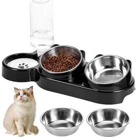 1 Ensemble Gamelle Chat, Bol Inox Surélevé, Distributeur Eau 500ml, Base PP, Pour Chats Et Petits Chiens