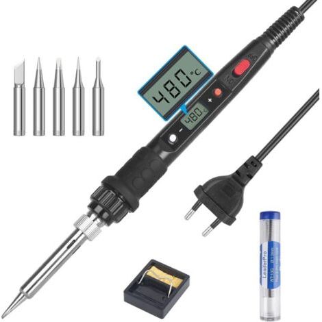 Fer à Souder électrique 80W Kit de Soudure Température Réglable 180℃480℃ Visible avec l'Interrupteur ON/OFF, 5 Pointes de Rechange pour Réparation Soudage Brasage Quotidiens (1/4)