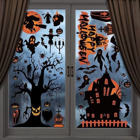 Autocollants pour fenêtre Halloween – Lot de 98 – Motifs chauves-souris et araignées – Décoration double face à appliquer avec de l'eau (1/5)