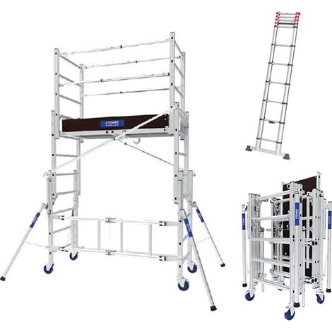 Echafaudage roulant pliant - Hauteur max. de travail 3.80m + Echelle télescopique 3.20m - 22407420/7113-112 (1/5)