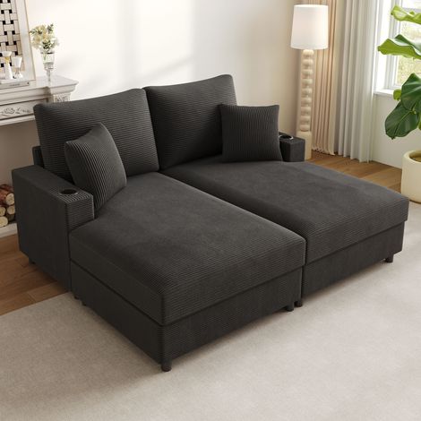 Canapé-lit 2 places 163x140x82 cm en velours côtelé gris, support téléphone 360°, USB/USB-C, 2 porte-gobelets, 2 coussins, assise profonde (1/5)