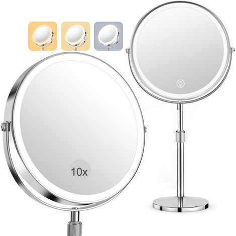 Miroir Grossissant Lumineux, 10X/1X Double Face Miroir 3 Couleurs 64 LED, Glace Maquillage Grossissant Rechargeable Rotation 360° Portable (1/5)