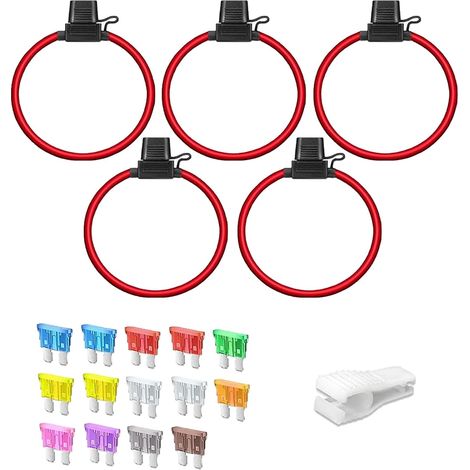 Kit de 19 Pièces Porte fusible Moyenne En Ligne, 12V Porte-Fusible (1)12AWG+ (4)16AWG, pour Voiture Camion Moto, 14 Fusibles Standard ATC/ATO 2A à 35A,pour Voiture, Camion, Moto, Bateau (1/5)
