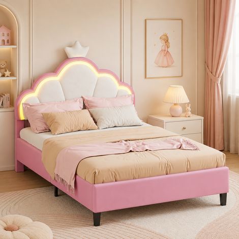 Lit capitonné 140×200cm avec lumière LED, lit double enfant, tête de lit réglable, lit princesse avec couronne, lit de fille, style moderne, sommier à lattes, lit ado, Velours, Rose (1/5)