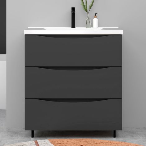 Meuble de salle de bain suspendu 80cm avec simple vasque + 3 tiroirs, Anthracite