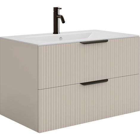 Mobile bagno sospeso con scanalature con lavabo ad incasso e rubinetto - Beige - 80 cm - DALIKO (1/5)
