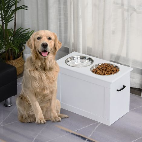 Ciotola rialzata per cani con vano portaoggetti, 2 x 2000 ml, MDF e acciaio inox, bianco OKMYHOME (1/5)