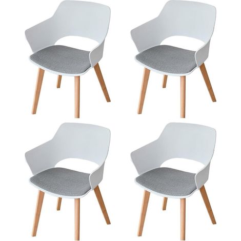 Lot de 4 chaises de salle à manger, bureau, pieds bois, design creux, accoudoirs, tissu blanc (1/5)