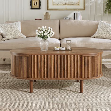 Table Basse Relevable Vintage 100x48x53,5 cm - Plateau Réglable - Rangements Latéraux Rabattables - Pieds Bois Massif - Structure MDF - Noyer