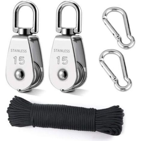 Poulie de Levage, 2 Pièces 15MM Poulie en Acier Inox 304,2 Pièces M15 Poulie Simple, Pour Cordes et Câbles, avec 8mm corde d'escalade 20M