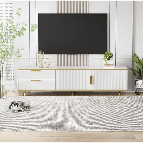 Meuble tv rangement blanc 170 cm bois effet sculpté HAVRYA (1/5)