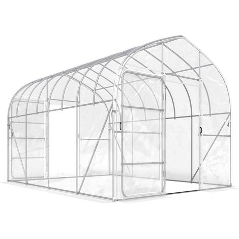 Serre de jardin tunnel 12m², film polyéthylène anti-goutte, arceaux acier galvanisé 25mm, structure renforcée, 2 portes battantes transparentes. (1/5)