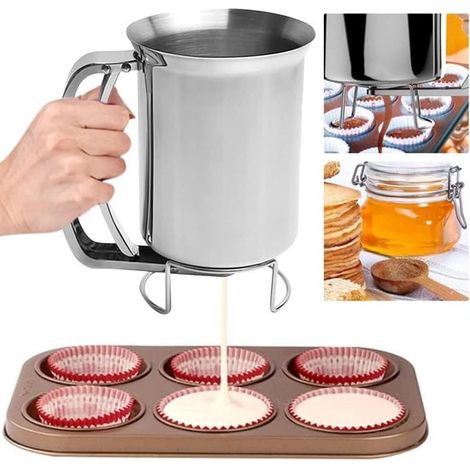 Separatore di pastella in acciaio inox da 900 ml, per pastella per pancake, pastella per waffle e pastella per cupcake, imbuto dosatore manuale per preparare pastella per pancake, pastella da cucina (1/5)