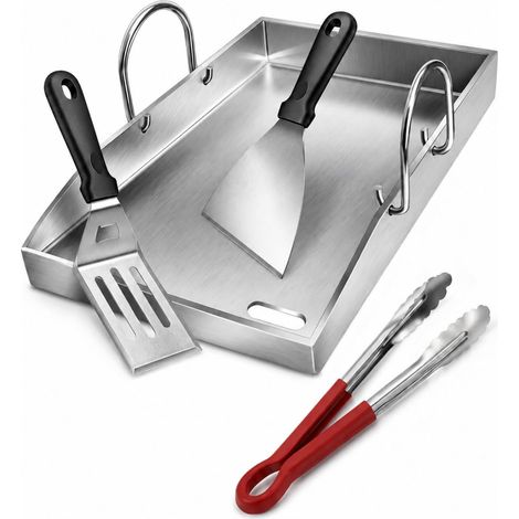Plancha en acier inoxydable de 4 mm d'épaisseur - 40 x 30 cm - Avec évacuation de la graisse et poignée amovible - Pour barbecue à gaz, charbon de bois, poêle à fusée, cuisine d'extérieur - Accessoire (1/5)