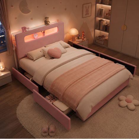 Lit 2 places 140x200 cm velours rose 4 tiroirs LED avec rangement sans matelas - CHICFURN (1/5)