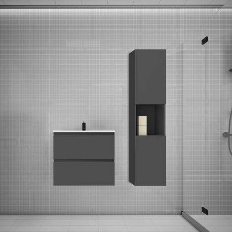 Aica Ensemble meuble vasque L.60cm anthracite 2 tiroirs + lavabo + colonne