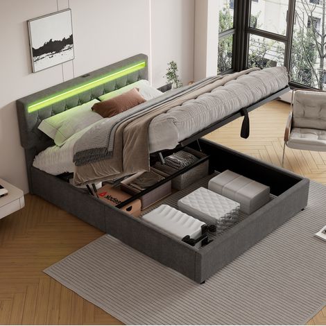 Polsterbett 160/200 cm grau aus Leinen und MDF mit LED-Beleuchtung und Stauraum (1/5)
