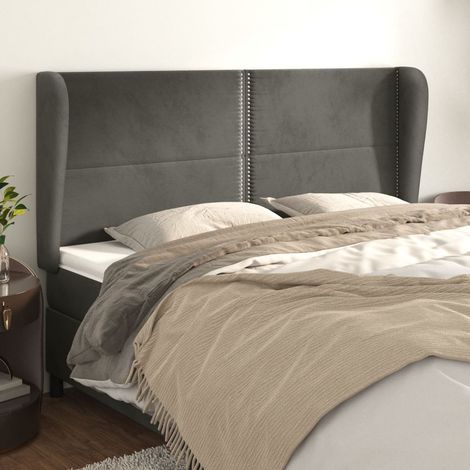 Tête lit de avec oreilles pour lit double, Cadre de lit, Tableau décoratif de chevet Gris foncé 203x23x118/128 cm Velours CDE54590 (1/5)