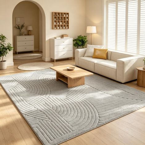 Alfombra gris 230x160x1,7 cm de poliéster y algodón con relieve geométrico – MEUBLIV (1/5)