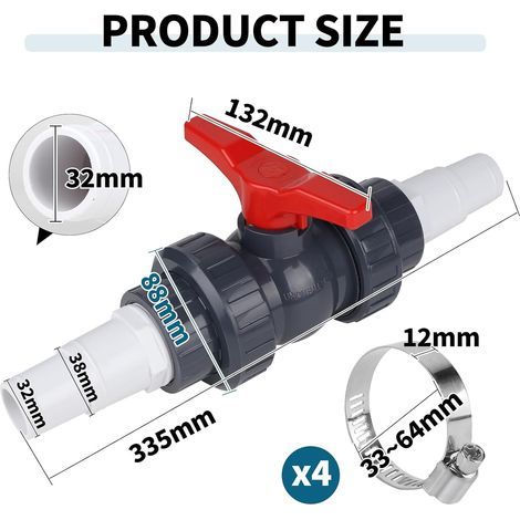 SWAWIS Vanne Piscine avec Raccord Tuyau pour Tuyau Piscine 32-38mm Raccord Tuyau d'arrosage Raccord Piscine Robinet d'arrêt 1 1/2"(50mm), 2 Raccord Tuyau 32-38mm Accessoires Piscine (1/4)