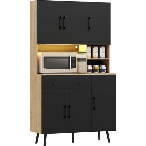 Küchen-Sideboard, hohes Aufbewahrungsmöbel mit RGB-LED-Beleuchtung, Arbeitsplatte, 6 Türen, 2 Schubladen, 100 x 40 x 176 cm, schwarz